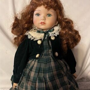 Elegant Green Plaid Porcelain Doll with Velvet Jacket